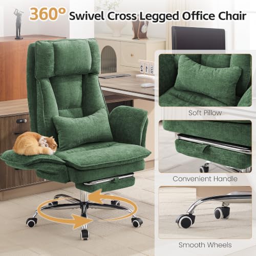 Image of Big and Tall Office Chair, Flip Armrest & Footrest for Pets, Navy Green | Executive Ergonomic Criss Cross Chair, Reclining High Back Desk Chair, Leather Swivel Computer Chair with Lumber Pillow