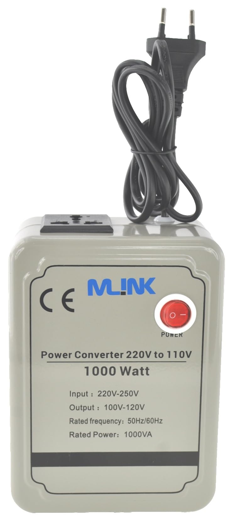 Mlink Transformador de Voltaje 220V a 110V 1000W Toroidal Onda Senoidal Enchufe Universal Carcasa Metalica