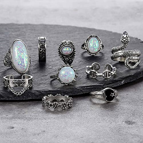 42 Pcs Vintage Silver Knuckle Rings Set For Women, Chunky 17If Colorful Stone Rings Aesthetic Snake Grunge Stackable Gothic Ring Adjustable Y2K Punk Bulky Boho Finger Alt Of Rings, Stacking Skull Moon Star Flower Link Midi Ring Pack #TOP4