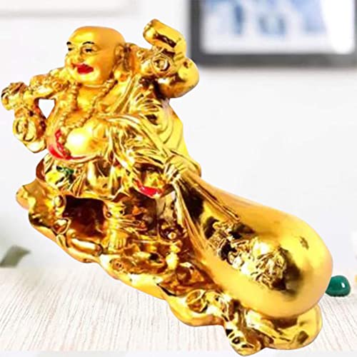 Image of Feng Shui Laughing Buddha Sitting On Dragon Blessing Good Luck Decorative Showpiece for Good Fortune, Success & Prosperity, Budha Showpieces for Home Decor (Buddha with Potli)