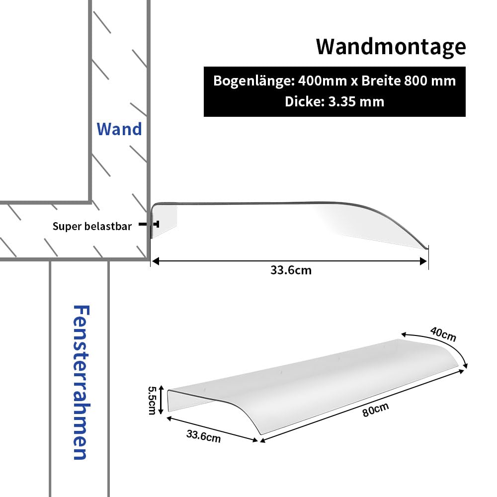 80 x 33,6 x 5,5 cm Vordach PET – Transparentes Bogen-Vordach Set, 3,5 mm dick, mit Verbindungsleiste – Türüberdachung wetterfest Transparentes aus PET