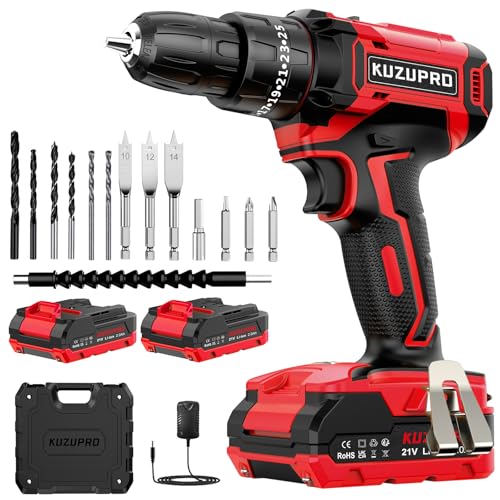 Trapano Avvitatore Batteria 21V, KUZUPRO Avvitatore Batteria con 2 Batterie da 2.0Ah, 42N.m Trapano Percussione, 25+3 Coppie, 2 Velocità, 14 Accessori, Luce a LED Per Fai da te, Casa e Giardino