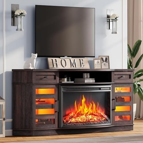 AMERLIFE 70" Farmhouse Fireplace TV Stand with 36'' Curved Electric Fireplace, LED Media Console with 2 Drawers & Adjustable Shelves, Fits 80'' TVs, Espresso