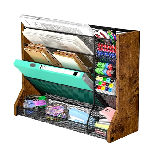 Jakyitvi Wall Desk File Organizer 5 Tiers, Ironwood Hanging File Organizer with R-shaped Tray, Wall...