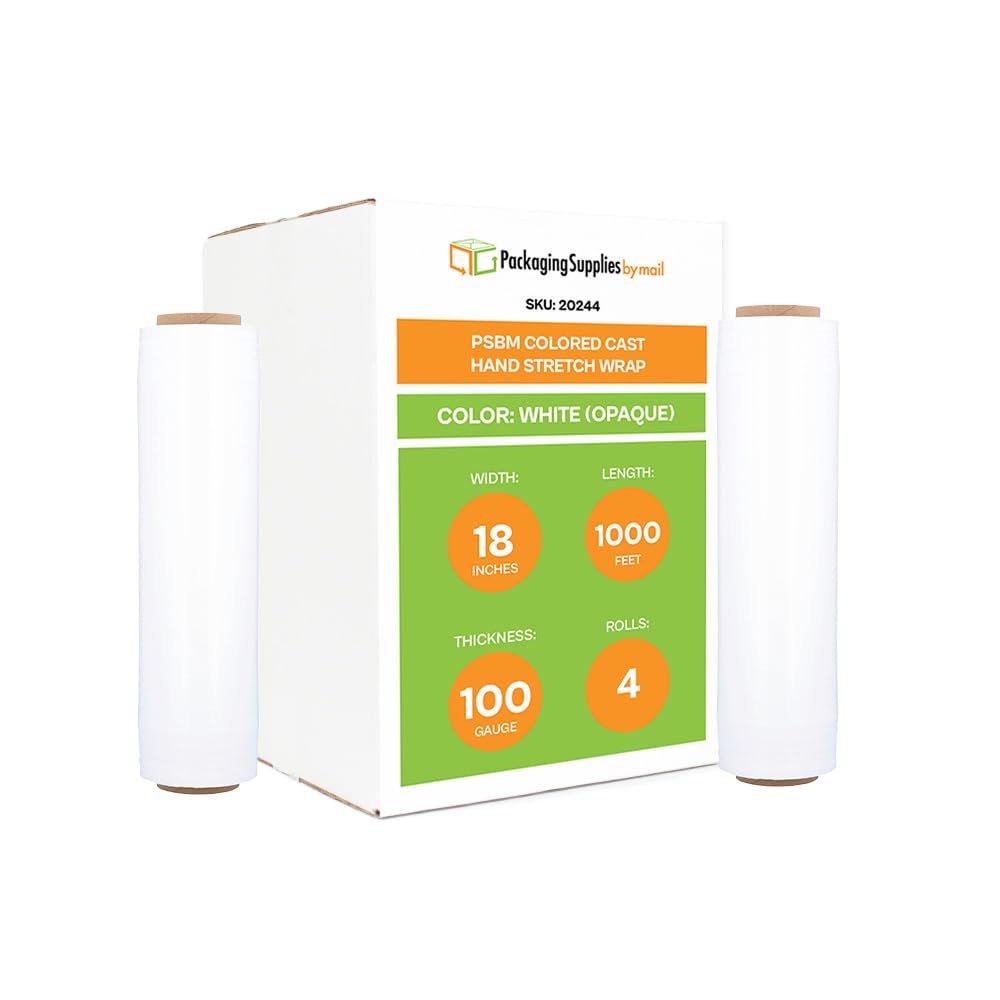 PSBM White Stretch Wrap, 4 Pack, 18 Inch x 1000 Feet, 100 Gauge, Dark/Opaque Hand Stretch Film Rolls for Packaging Moving Packing Pallets