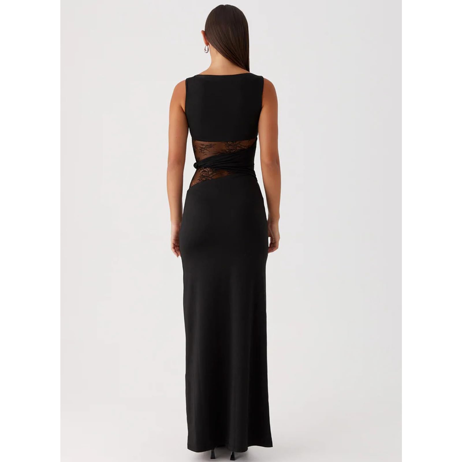 Robe Femme Sexy sans Manches Robes Longue Moulante à Col Rond Maxi Robe Transparente Dentelle Patchwork Robes de Cocktail Chic et Elégant Bodycon pour Clubbing Prom Fête Mariage Invité