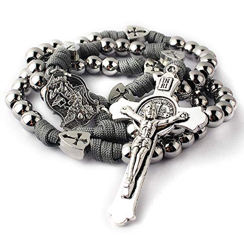 HanlinCC Large and Heavy Stainless Steel Beads Rugged Durable Paracord Rosary Necklace for Men with St.Michael Center Piece and St.Benedict Crucifix