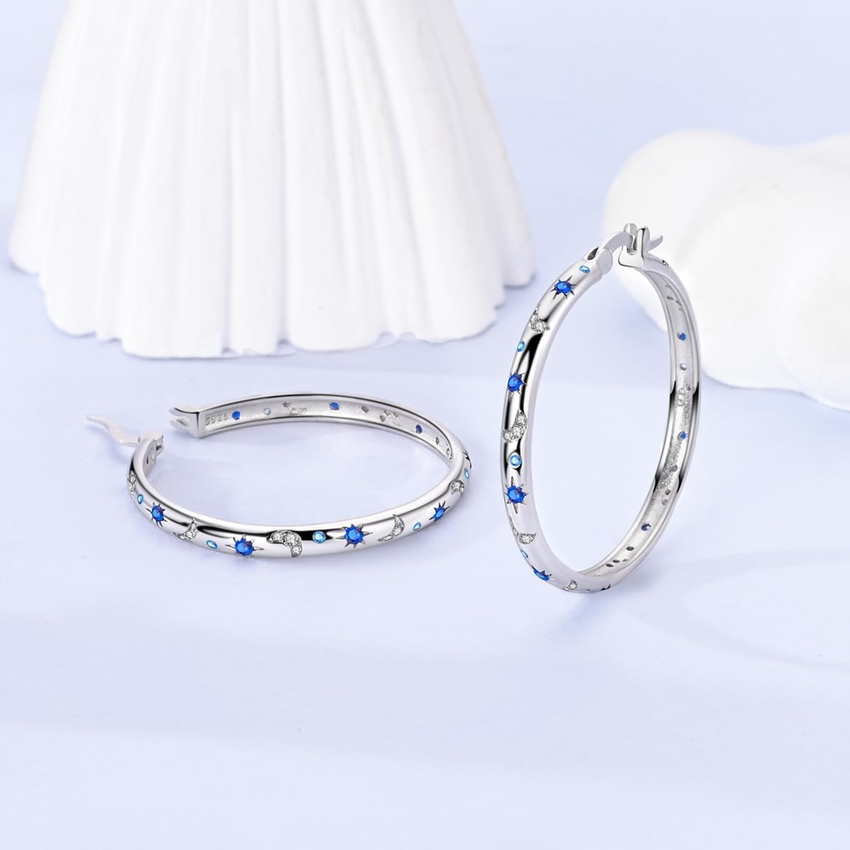 Hapour Sterling Silver Cubic Zirconia Hoop Earrings for Women Teen, Hypoallergenic Rhinestone Earrings Sparkly Crystal Moon Star Hoops - Image 3