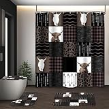 Tayney Highland Cow Farm Brown Black Checked Shower Curtain Set with Toilet Lid Cover and Non-Slip Rugs, 4 Pcs Shower Curtain with 12 Hooks, Farmhouse Bathroom Set with Rugs and Accessories