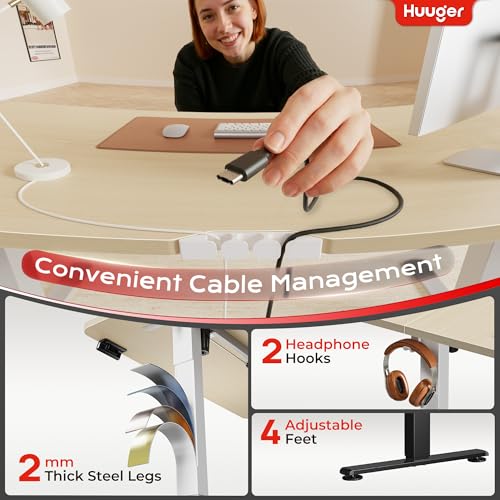 Image of Huuger Electric Standing Desk with Power Outlets and USB-C Port, 55 X 24 Inch Height Adjustable Desk, Sit Stand Desk for Home Office, Computer & Gaming Desk with 4 Presets, Stable Steel Frame, Marple