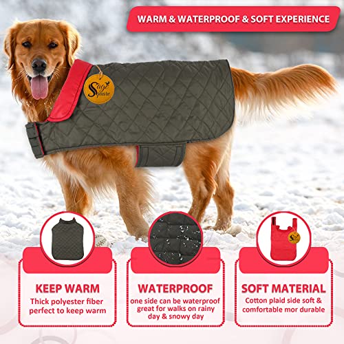 Image of Sage Square Double-Sided Quilted Dog Jacket - Weather-Resistant, Lightweight, Waterproof, Designed for Comfort & Warmth, Adjustable Fit, Perfect for Indoors or Outdoors (Medium- 20 Inches, Red)