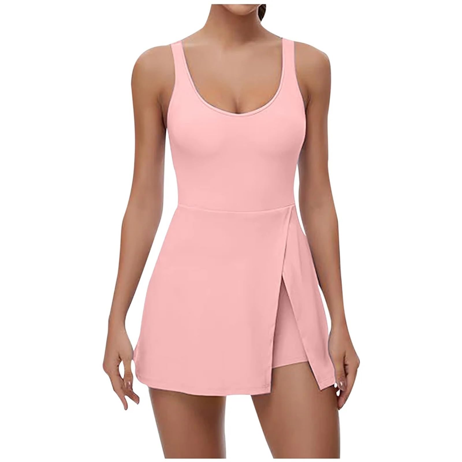 Tenniskleider for Damen, Schlichtes, Klassisches, Einfarbiges, Sportliches Minikleid Mit U-Ausschnitt, Integrierten Shorts Und BH, Figurbetontes Kleid Mit Seitlichem Schlitz