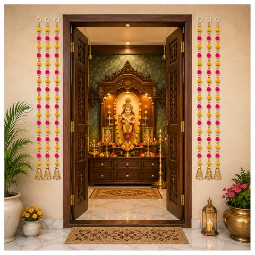 Image of Bindian Pom Pom Beads & Golden Bell Toran for Main Door, Pack of 10 Home Decor Wall Hanging Decoration, Door Hanging Decorative Items, Pooja Room Decor, Festival Decoration