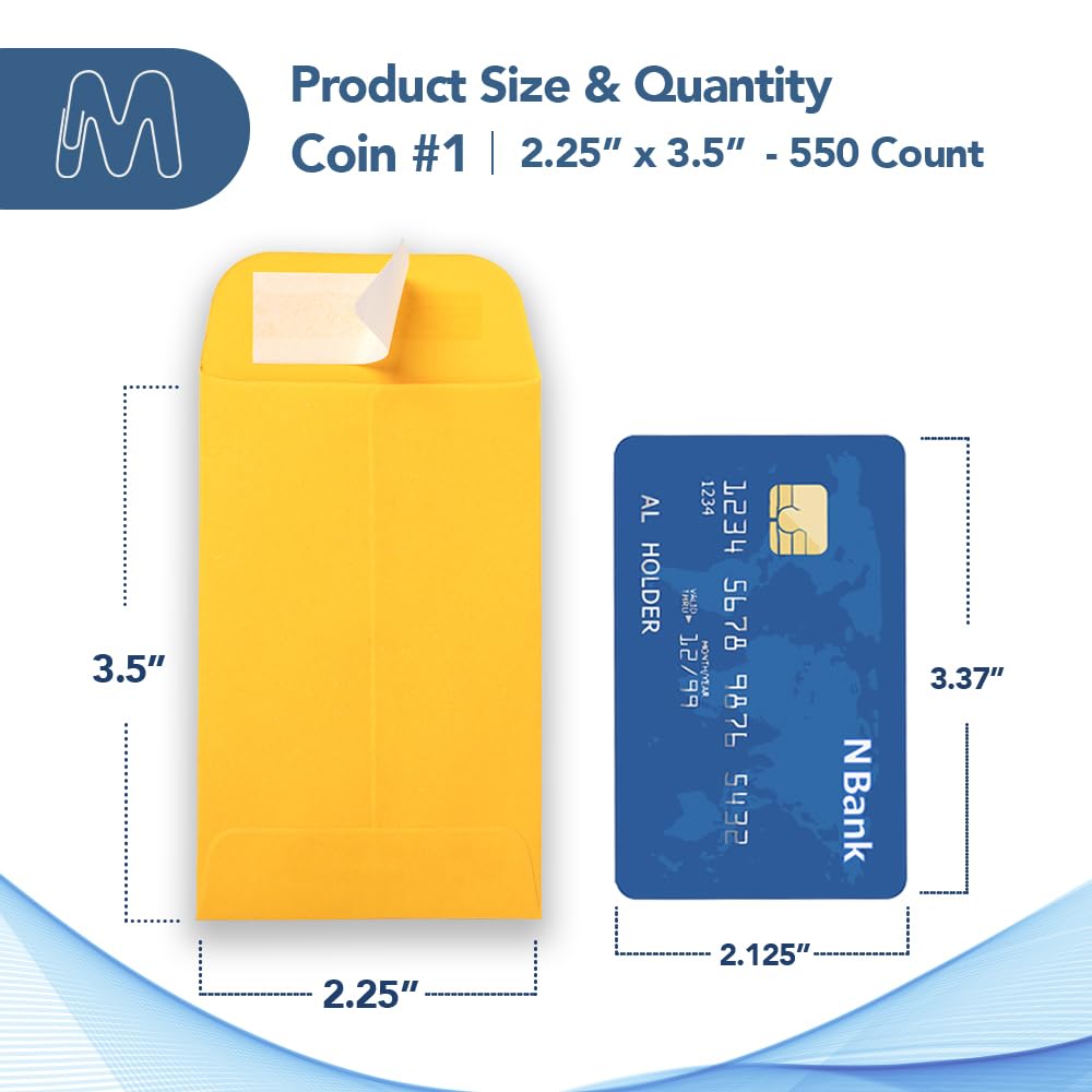 MOS - Sobres dorados #1 de 2.25 x 3.5 pulgadas, paquete de 550 sobres pequeños amarillos autosellantes para monedas, semillas, piezas pequeñas, coleccionables, joyas, almacenamiento de manualidades