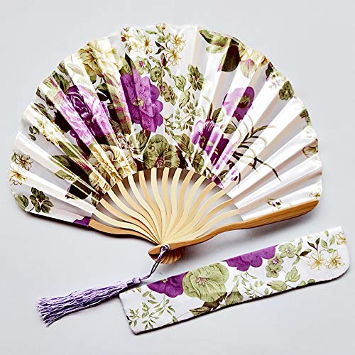 1SourceTekSilk Hand Held Folding Fans 8.27 inches (21cm) Women Hand Held Folding Fans With a Fabric Sleeve Protection for Gifts - Chinese Retro Style (Purple)