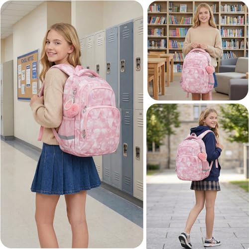 Image of Cusangel Pink Girl School Backpack for Kids 6-12 ages, 16in Cute Bookbag Water Resistant, 7 Pockets, Adjustable Chest Strap, Reflective Strip, Large Bookbag For travel,Gifts,Summer Camps