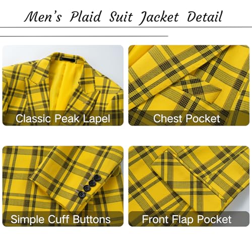 UNINUKOO Men's Blazer Plaid Casual Slim Fit Sport Coats One Button Lightweight Checkered Suit Jacket US Size 44 Yellow2