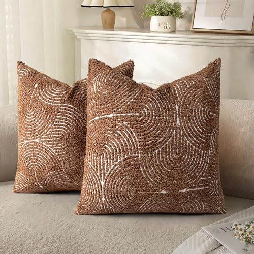 AELS Boho Decorative Textured Throw Pillow Covers 18x18, Organic Modern Mid Century Rainbow Tufted Pillow Case, Farmhouse Rustic Geometric Woven Cushion Case for Bed Couch Sofa, Burnt Orange