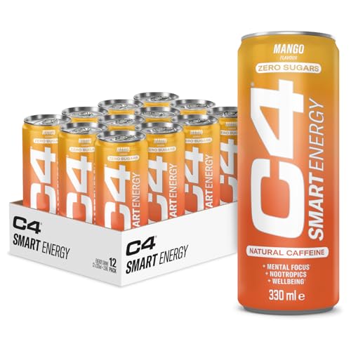 C4 Smart Energy Drinks Mango 330ml (12 pack) | Sugar Free Energy Drink with 106mg Natural Caffeine, Brainberry, Nootropics, Vitamin C | Natural Energy Drink for Mental Focus On the Go