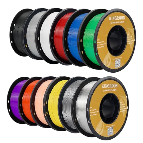 Image of Kingroon 3D Printer Filament,12 Rolls PETG Filament, Dimensional Accuracy + /- 0.03 mm, 12kg(26.5lbs),1.75 mm PETG,Black+White+Grey+Red+Green+Blue+Yellow+Purple+Skin+Silver+Transparent+Orange