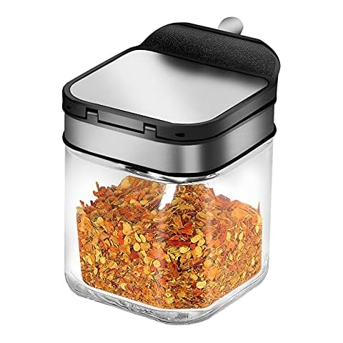 V-Shine Condiment Jar Spice Container with 304 Stainless Steel Lids and Spoons,Clear Glass Condiment Canisters Pots Seasoning Box Salt Container Sugar Bowl Set of 1 for Kitchen, Counter, Food Storage Cover
