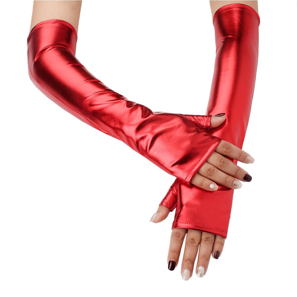 CALFOVERA Shiny Metallic PU Leather Fingerless Gloves Silver Long Half Palm Rock Stage Gloves (red)