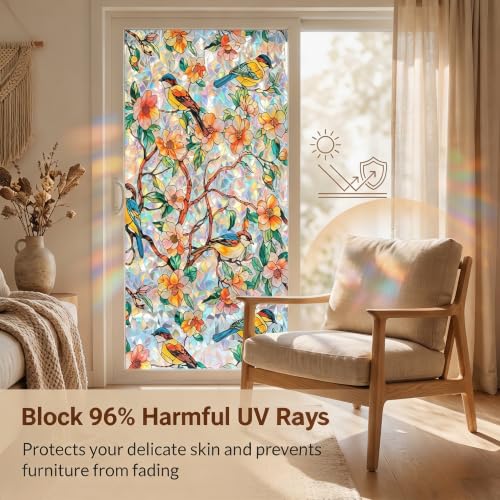 Image of SUNBABY Stained Glass Window Privacy Film, Rainbow Floral Bird, 23.6 inchx78.7 inch | Static Cling Decorative, No Glue, Renter-Friendly, Day and Night Privacy, UV Blocking, for Bathroom, Glass Door, with 3 Tools