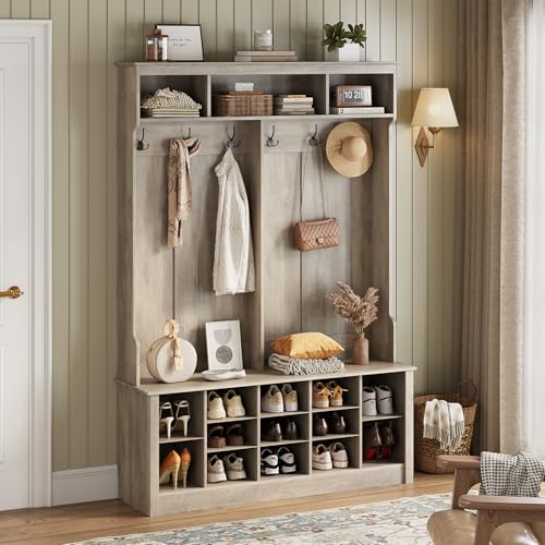 Hall Tree with Bench and Shoe Storage, 53″ Farmhouse 4-in-1 Mudroom Storage Organizer with Coat Rack, 6 Hooks, 12 Shoe Cubbies, Adjustable Shelf, for Entryway, Hallway, Living Room, Grey