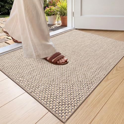 Color&Geometry Front Door Mat Indoor 26"x47", Ultra Non Slip Rubber Backed Dirt Trapper, Low Profile Thin washable, Easy Clean Entry Entryway Rug Door Mat Entrance, Heather Khaki(Rolled-up NO Creases)