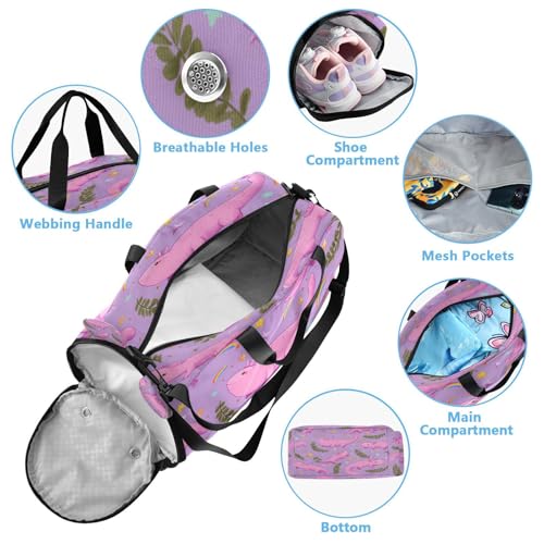 Gym Travel Duffle Bag for Boys Girls Salamander Stars Pattern Leaves Pink Sports Dance Bag with Shoe Compartment & Wet Pocket Football Kids Travel Bag Teens Sleepover Carry4