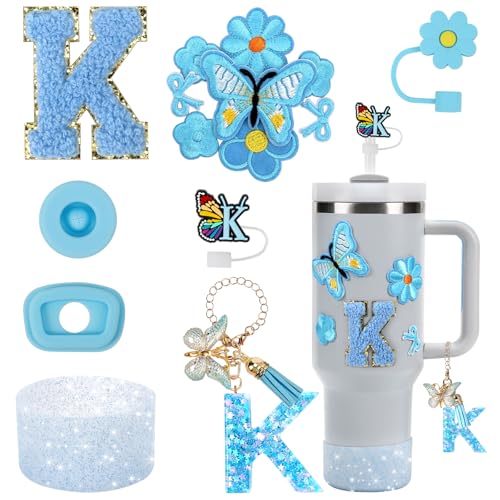 15PCS Cup Accessories Set for Stanley Cup 30oz 40oz Tumbler with Handle, Including Silicone Straw Cover and Boot, Spill Proof Stopper, Stanley Charms, Handle Charm, Initials Sticker (Letter K, Blue)