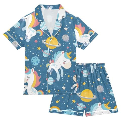 ALAZA Unicorn Star Planet Solar System Pajamas Satin Pajama Set Short Sleeve Button Down Sleepwear