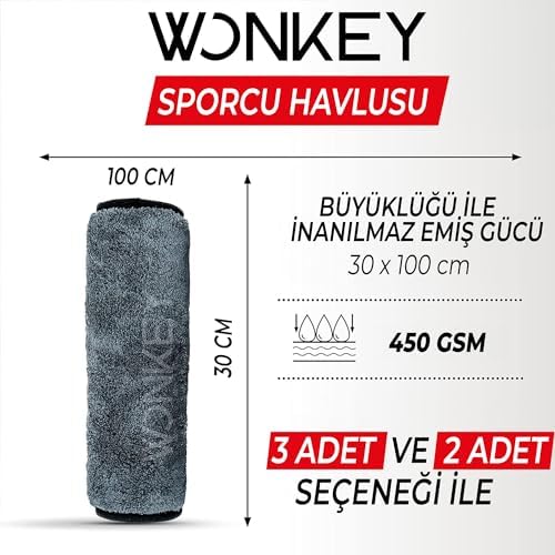 WONKEY - Sporcu Fitness Antreman Havlusu 30x100 cm, Hafif ve Hızlı Kuruyan Mikrofiber Spor Havlu, Gym Boks Pilates Tenis Havlusu (3 Adet 30x100, Gri) - Görsel 2