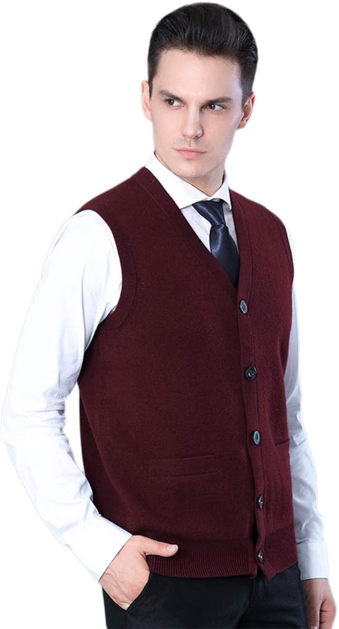 Amazon メンズ で 首 ウールタンクトップス クラシックビジネス紳士ジレット厚く暖かい秋の冬のニットベストノースリーブカーディガン 赤 M ベスト 通販