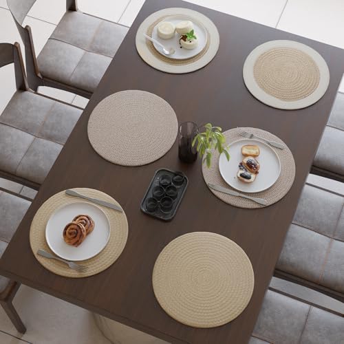 Image of Dining Table Mats Set of 6 | Cotton Table Mat 32 cm Diameter, Encasa XO Washable Round Table Mats, Heat Resistance Dining Table Placemats, Handmade Ribbed Style for Centre Table, Beige Mix Combo