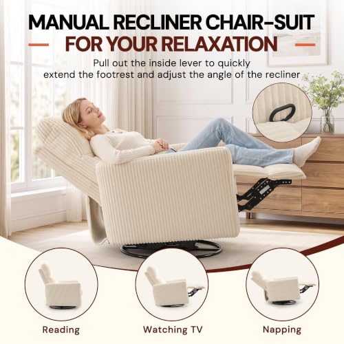 Image of Korser 360 Swivel Glider Rocker Manual Recliner, High Back Corduroy Recliner with Curved Armrests, Beige Nursery Rocking Reclining Chair for Living Room Bedroom Adults