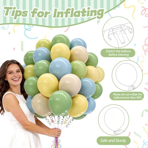 Image of 160Pcs 12 Inch Sage Green Dusty Blue Yellow Latex Balloons for Baby Shower Wedding Birthday Boho Party Decorations