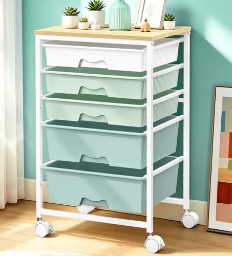 Image of SUNALLY Rolling Carts with 5 Drawers, Storage Drawer Carts for Craft, Green