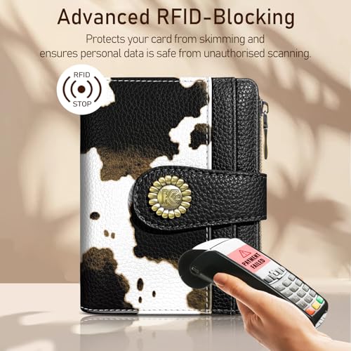 Image of Kelvoris Cow Print Black Small Rfid Women Wallet Bifold Zipper Coin Pocket | PU Leather Compact Cash Credit Card Holder Travel Purse for Female Ladies Teen Girls 1 ID Window 10 Card Slots