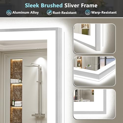 Image of 50x40 Brushed Nickel LED Bathroom Mirror with Lights, Backlit & Front-Lit, Anti-Fog, Framed Lighted Vanity Mirrors for Bathroom Wall, Dimmable, 3 Colors, Memory, Shatter-Proof, Tempered Glass