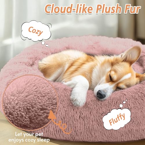 Image of JOLLYVOGUE Calming Dog Beds Extra Large Sized Dog, 45in Donut Washable Large Pet Bed, Anti-Slip & Anti-Anxiety Fluffy Faux Fur Round Dogs Bed, Fits up to 125 lbs Pets (Dark Pink)