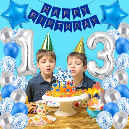 Image of 13th Birthday Decorations for Boys, Blue Sliver Happy Birthday Banner, OFFICIAL TEENAGER Numbers 13 Foil Balloon and Cake Topper for 13 Birthday Boy Decorations