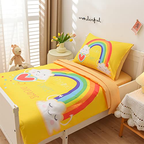 A Nice Night Bedding 4 Piece Cartoon Rainbow Toddler Bedding Set With Cloud Printed For Boys Girls Bed Comforter Sheet Set,Yellow #TOP1