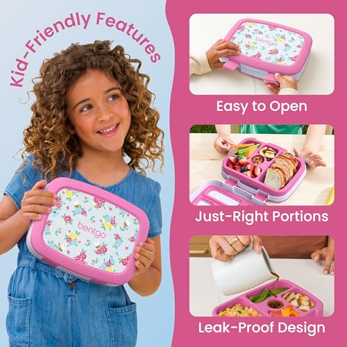 Image of Bentgo Kids Prints Leak-Proof, 5-Compartment Bento-Style Kids Lunch Box - Ideal Portion Sizes for Ages 3-7, Durable, Drop-Proof, Dishwasher Safe, PFAS- & BPA-Free Materials (NEW Blooming Floral)