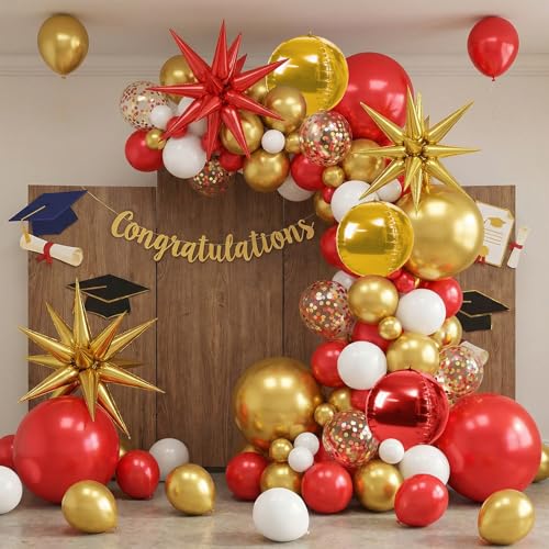 Image of 6pcs 22 Inch Gold Red Star Balloons And 4d Large Foil Balloons, Gold Foil Star Spike Balloon Red 4d Ball Balloon For Graduation Mother'S Day Birthday Baby Shower Party Wedding Anniversary Decorations
