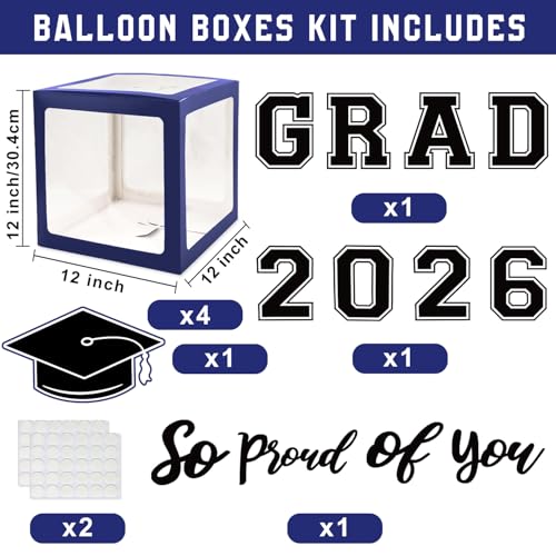 Image of Navy Blue Graduation Decorations Class of 2026 - Balloons Boxes with Letters 2026 GRAD So Proud of You - Complete Party Supplies for High School & College Celebrations