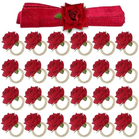 Set of 24 Red Rose Napkin Rings Cover
