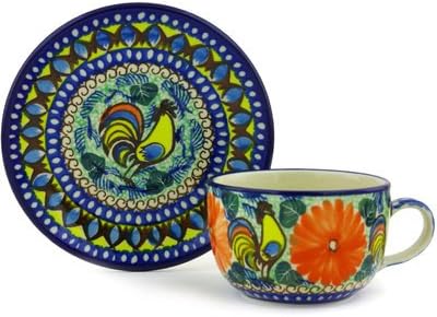 Polmedia Polish Pottery Cup with Saucer UNIKAT - Summer Rooster Pattern Handmade in Boleslawiec Poland by Ceramika Artystyczna + Certificate of Authenticity