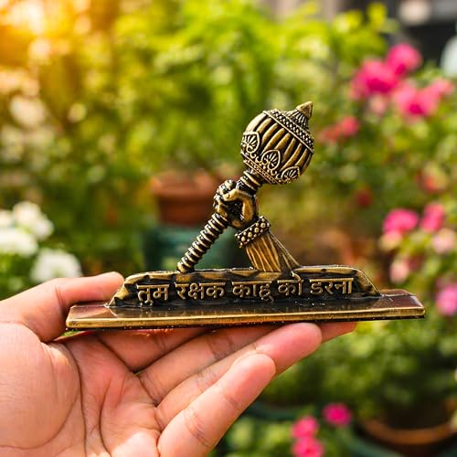Image of Hanuman Gada Idol for Car Dashboard (Height - 5.5cm)| Bajrangbali /Anjaneya with inchTum Rakshak Kahu Ko Darna inch Quote | Gold Plated Vastu Protection Showpiece & Spiritual Gift (Antique Brass)