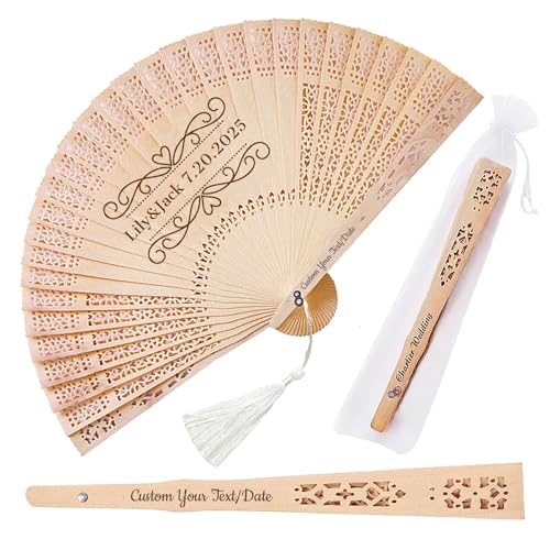 Personalized Wedding Fans for Guests Custom Wooden Folding Handheld Fans Bulk with Organza Bags Tassels for Wedding Graduation Party (100)